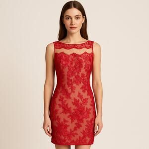 Marchesa Notte Red Lace Illusion Sheath Dress‎ – Size 8